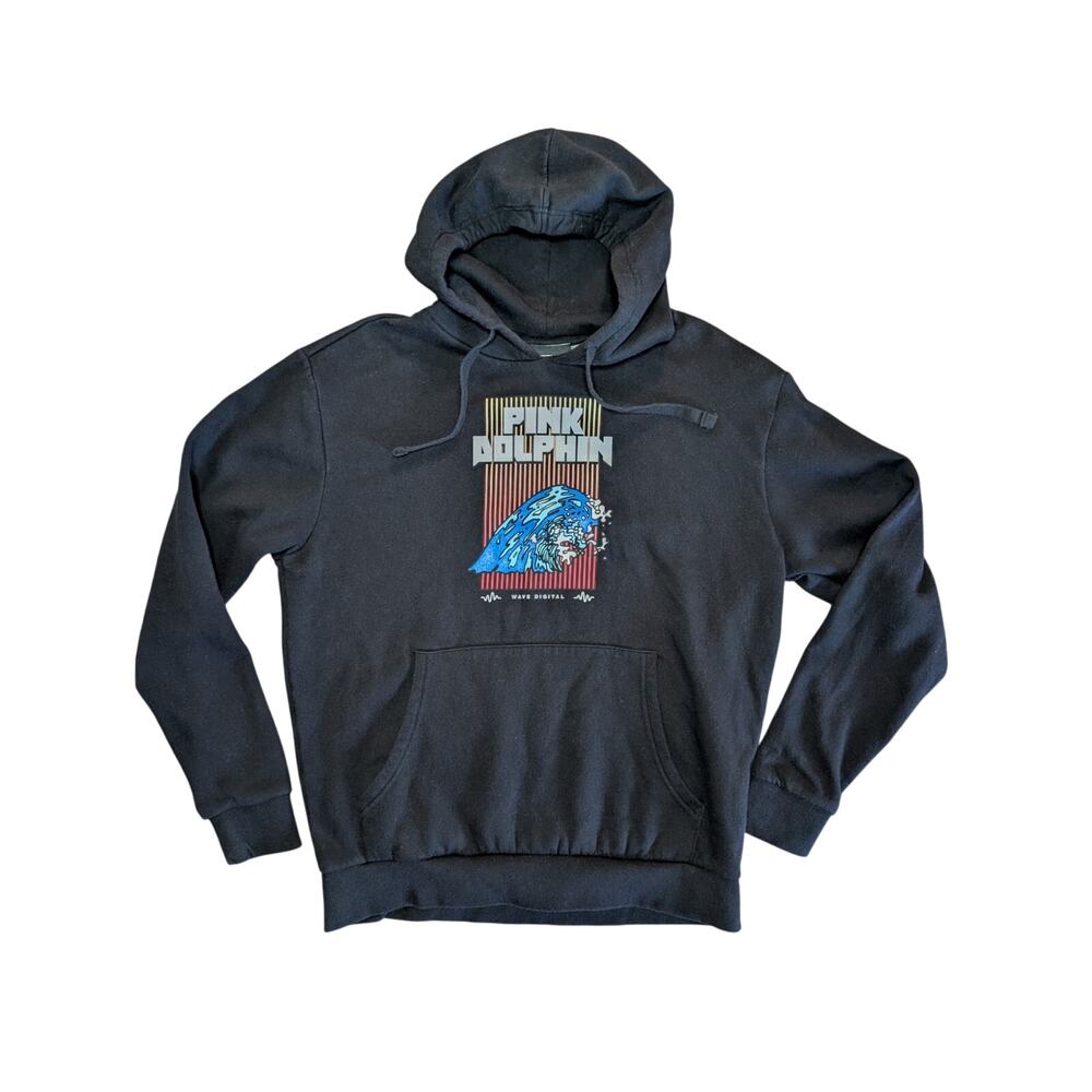 Pink Dolphin Men Sweatshirts, Black "Wave Digital" Pullover Hoodie, Sz L